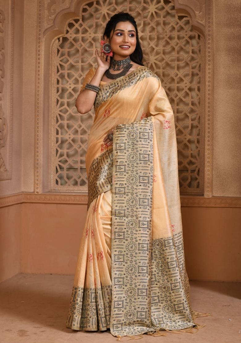 Cream Weaving Work Silk Saree Set - Indya