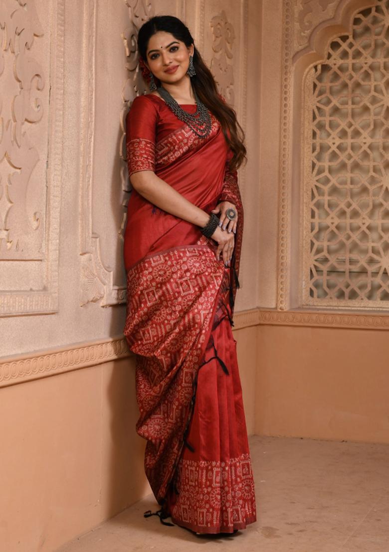 Maroon Weaving Work Silk Saree Set - Indya