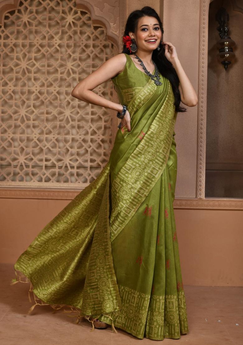 Mehendi Green Weaving Work Silk Saree Set - Indya