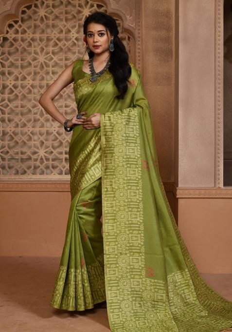 Mehendi Green Weaving Work Silk Saree Set