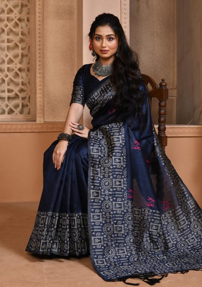 Navy Blue Weaving Work Silk Saree Set - Indya