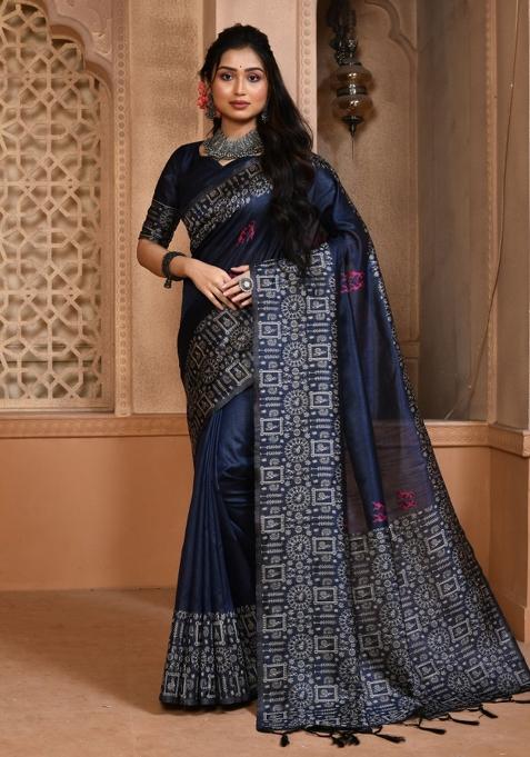 Navy Blue Weaving Work Silk Saree Set