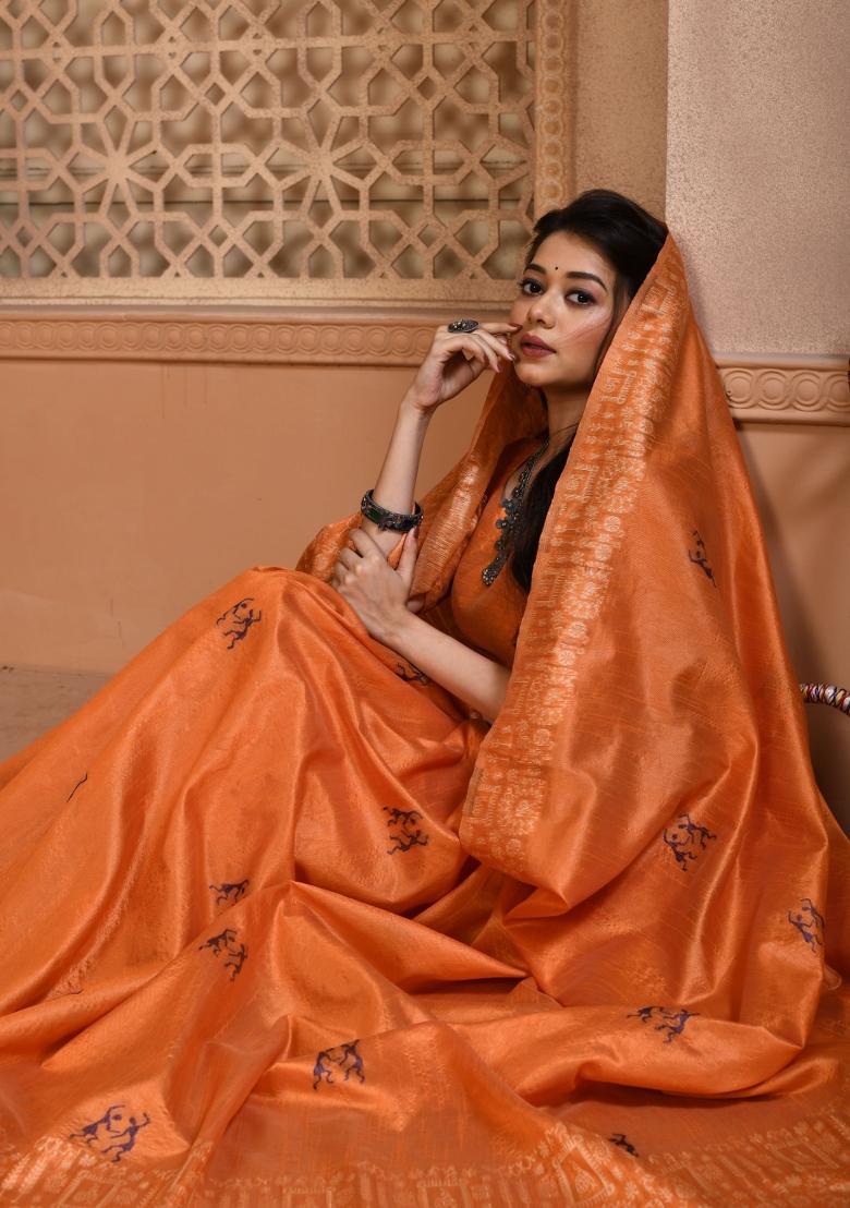 Orange Weaving Work Silk Saree Set - Indya