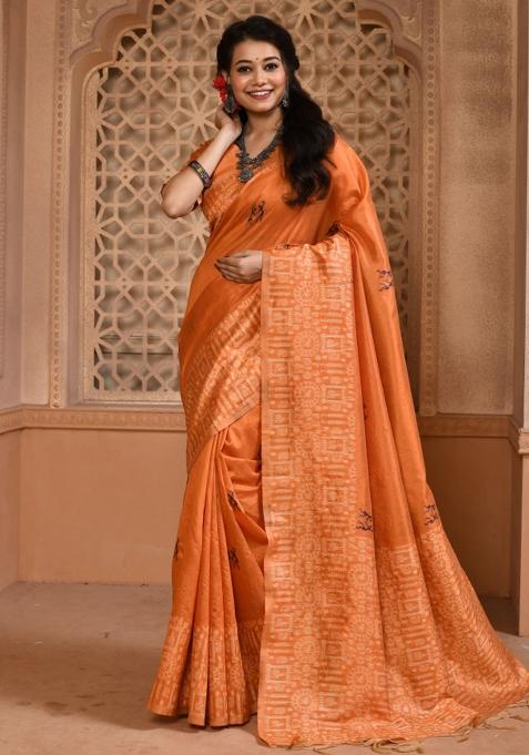 Orange Weaving Work Silk Saree Set