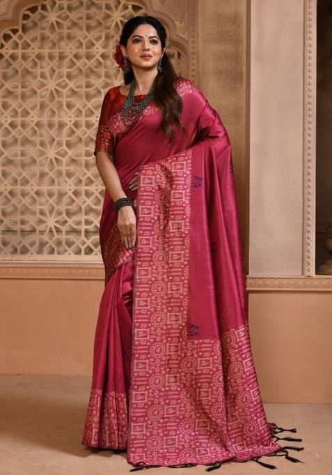 Pink Weaving Work Silk Saree Set