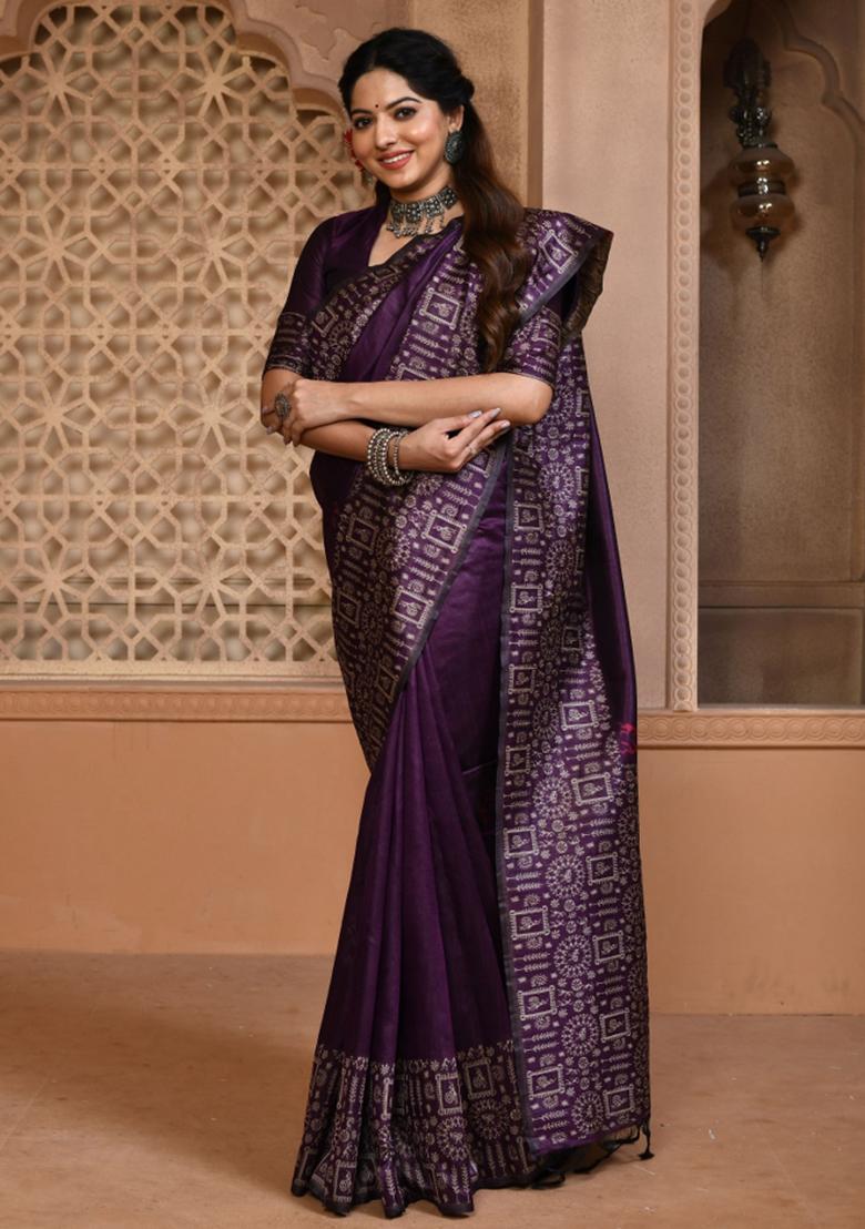 Wine Weaving Work Silk Saree Set - Indya