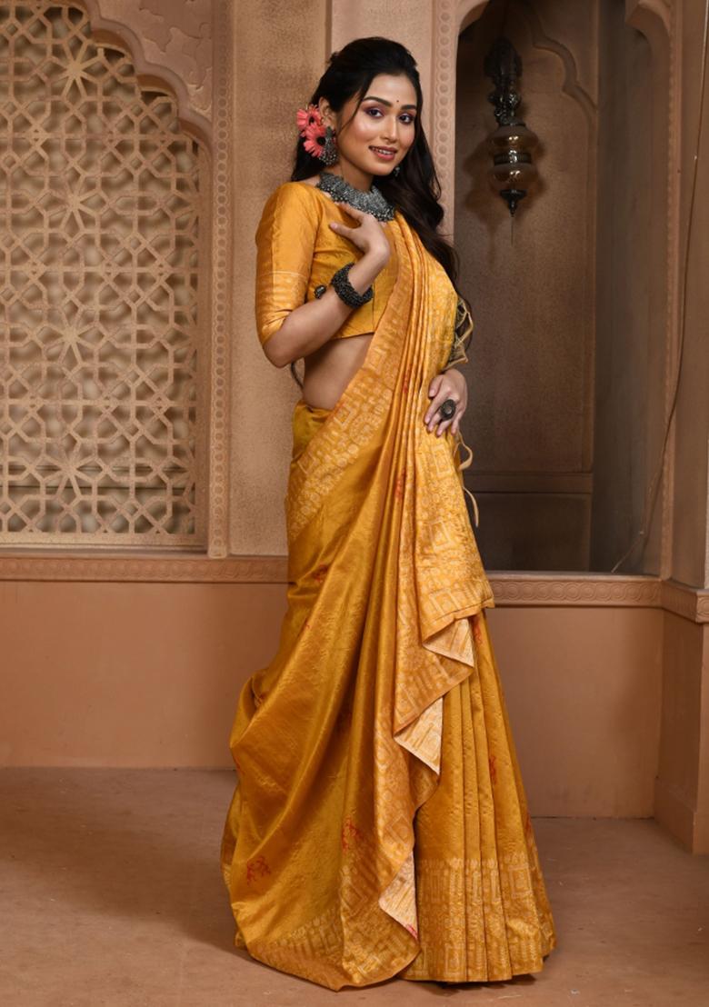 Yellow Weaving Work Silk Saree Set - Indya