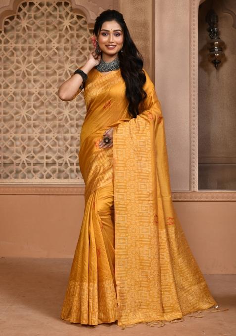 Yellow Weaving Work Silk Saree Set