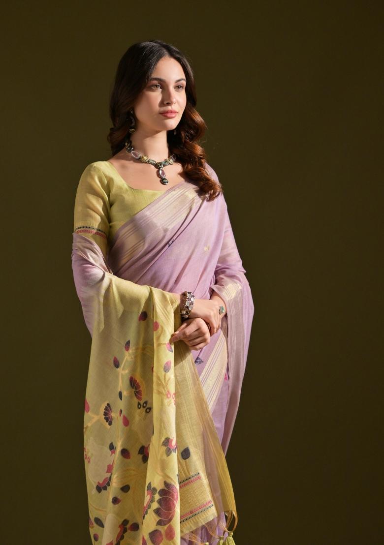 Lavender Weaving Work Cotton Saree Set - Indya
