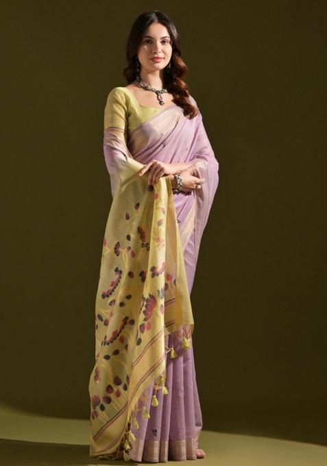 Lavender Weaving Work Cotton Saree Set