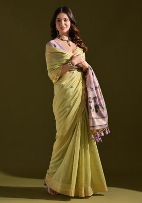 Light Green Lavender Weaving Work Cotton Saree Set