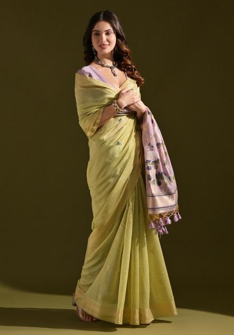 Light Green Lavender Weaving Work Cotton Saree Set