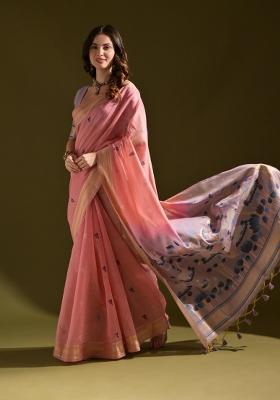 Pink Lavender Weaving Work Cotton Saree Set