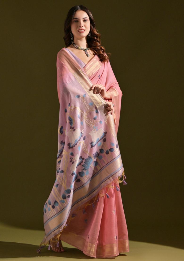 Pink Lavender Weaving Work Cotton Saree Set - Indya