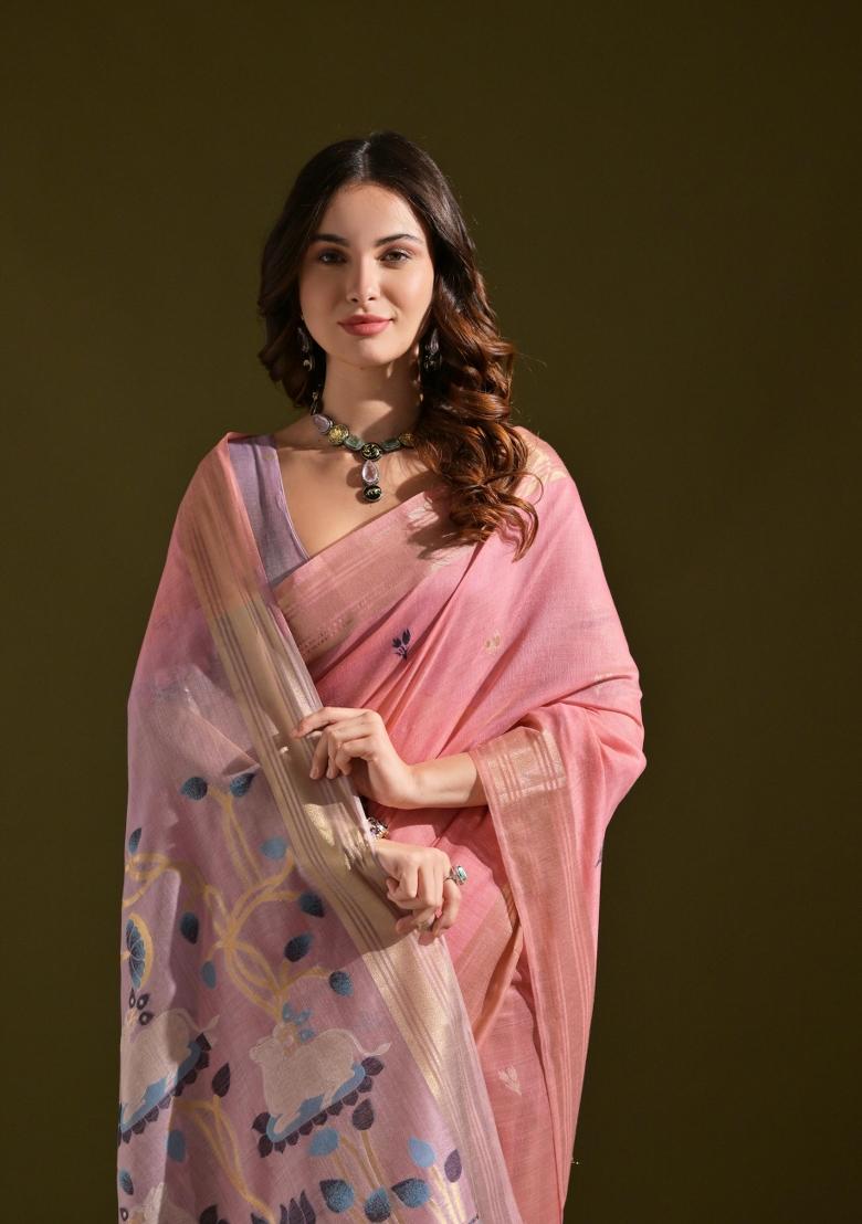 Pink Lavender Weaving Work Cotton Saree Set - Indya
