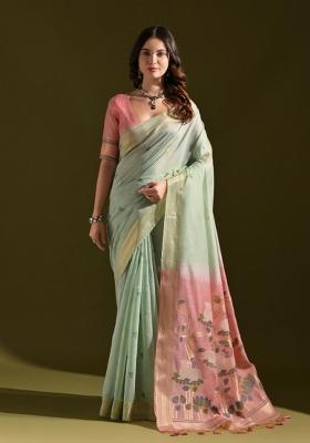 Sky Blue And Pink Weaving Work Cotton Saree Set