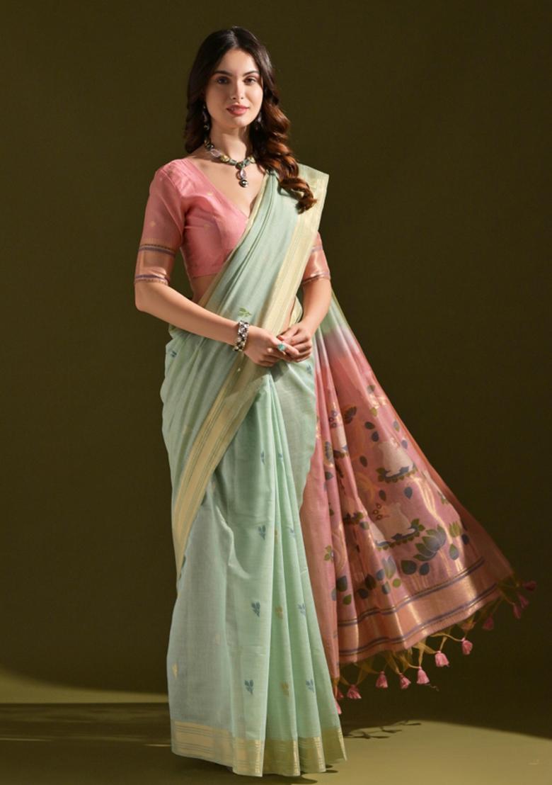 Sky Blue And Pink Weaving Work Cotton Saree Set - Indya