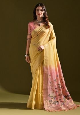 Yellow And Pink Weaving Work Cotton Saree Set