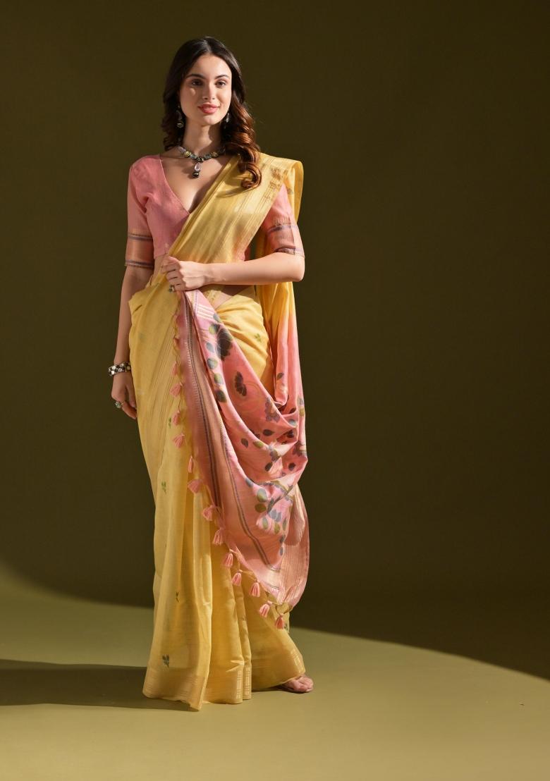 Yellow And Pink Weaving Work Cotton Saree Set - Indya