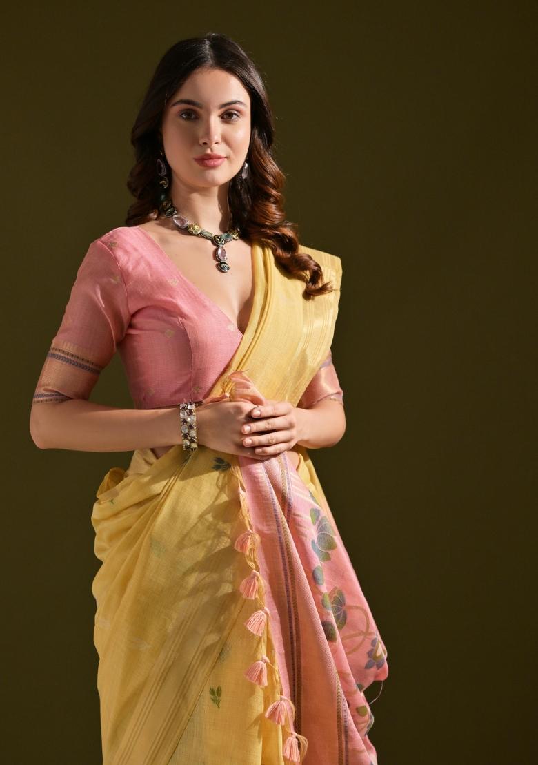 Yellow And Pink Weaving Work Cotton Saree Set - Indya