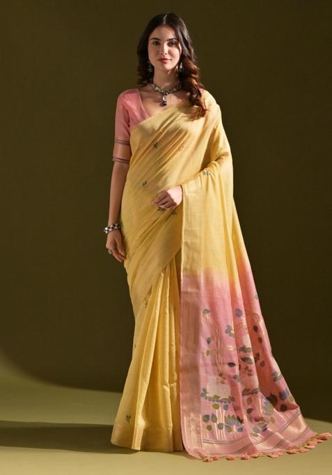 Yellow And Pink Weaving Work Cotton Saree Set