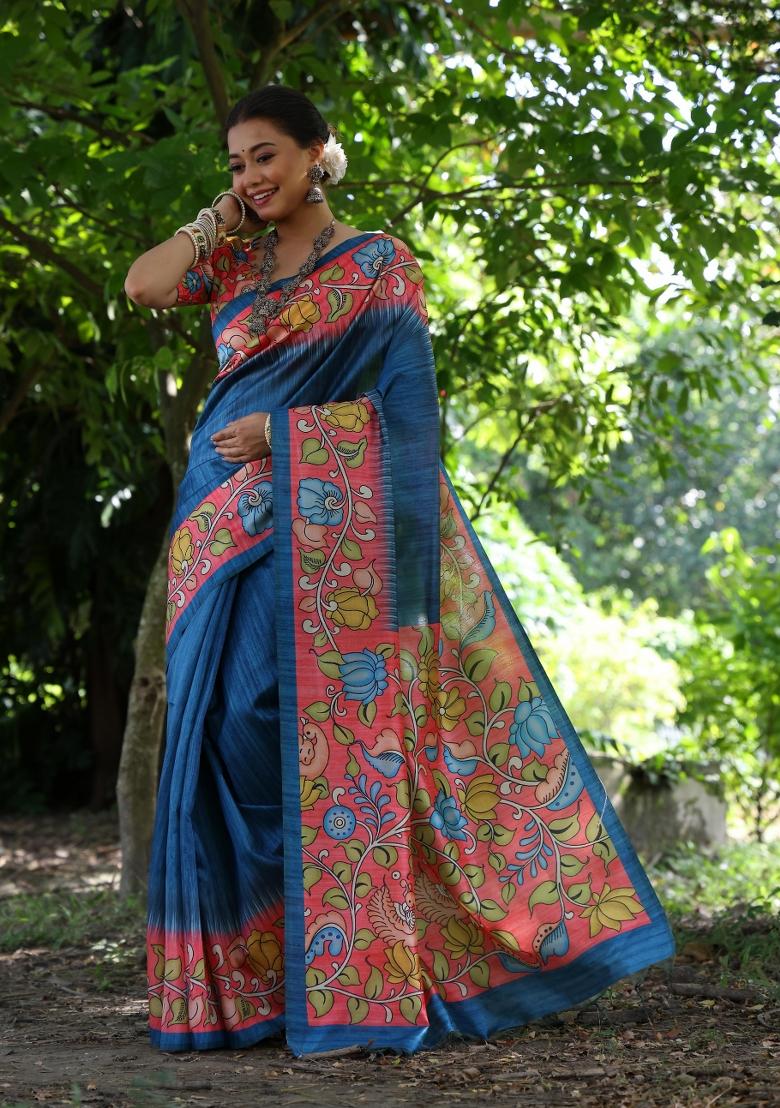 Blue And Pink Printed Silk Saree Set - Indya