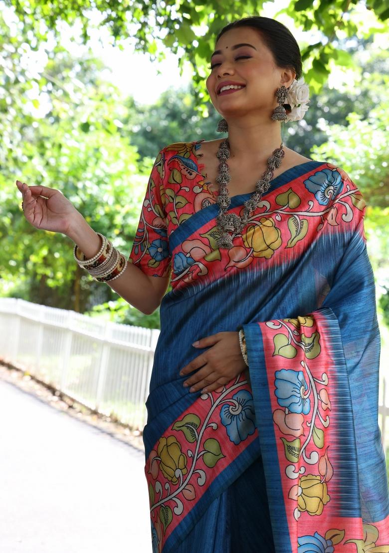 Blue And Pink Printed Silk Saree Set - Indya