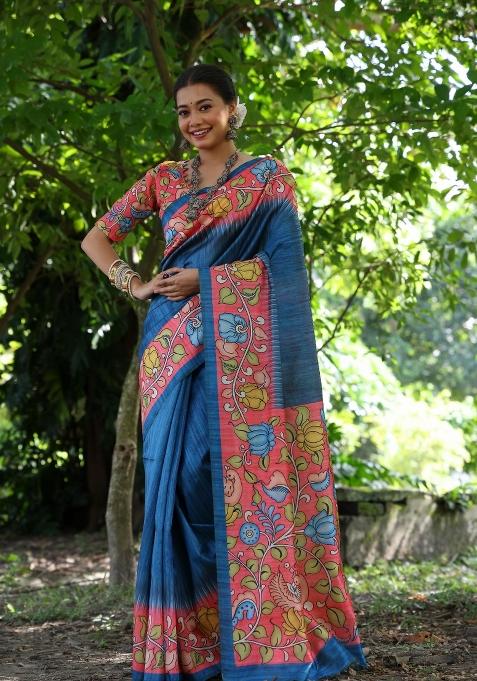 Blue And Pink Printed Silk Saree Set