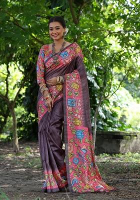 Brown Pink Printed Silk Saree Set