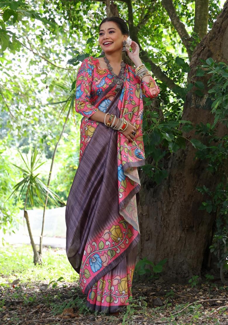 Brown Pink Printed Silk Saree Set - Indya