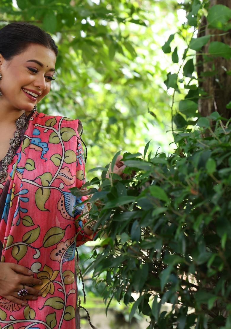 Brown Pink Printed Silk Saree Set - Indya