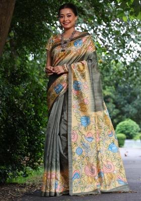 Grey Printed Silk Saree Set