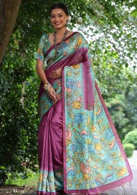 Magenta Blue Printed Silk Saree Set