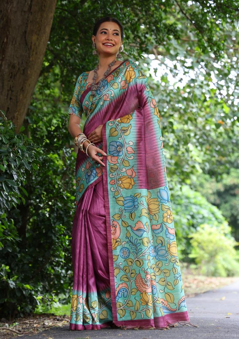 Magenta Blue Printed Silk Saree Set - Indya