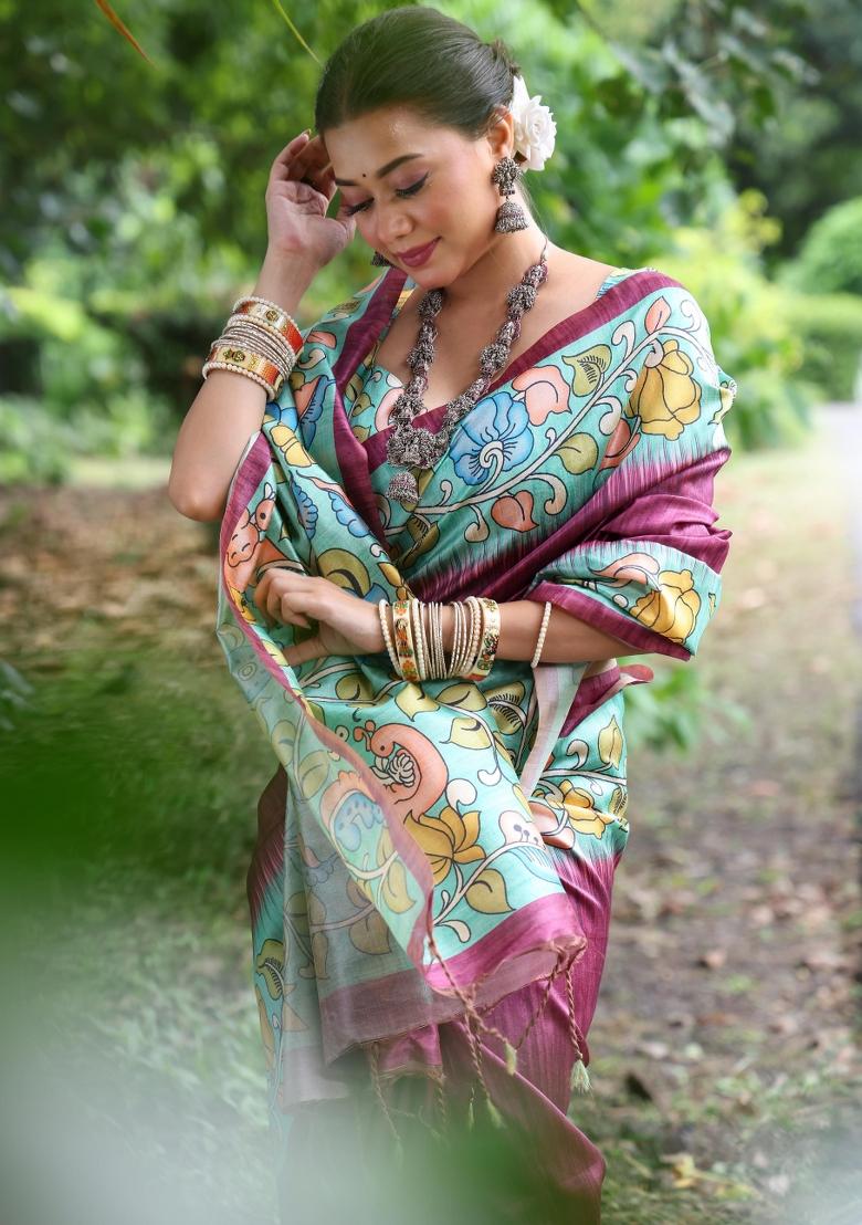 Magenta Blue Printed Silk Saree Set - Indya