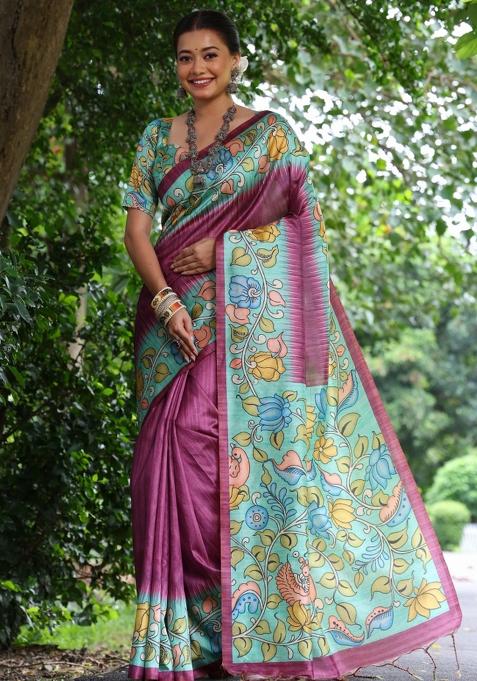 Magenta Blue Printed Silk Saree Set