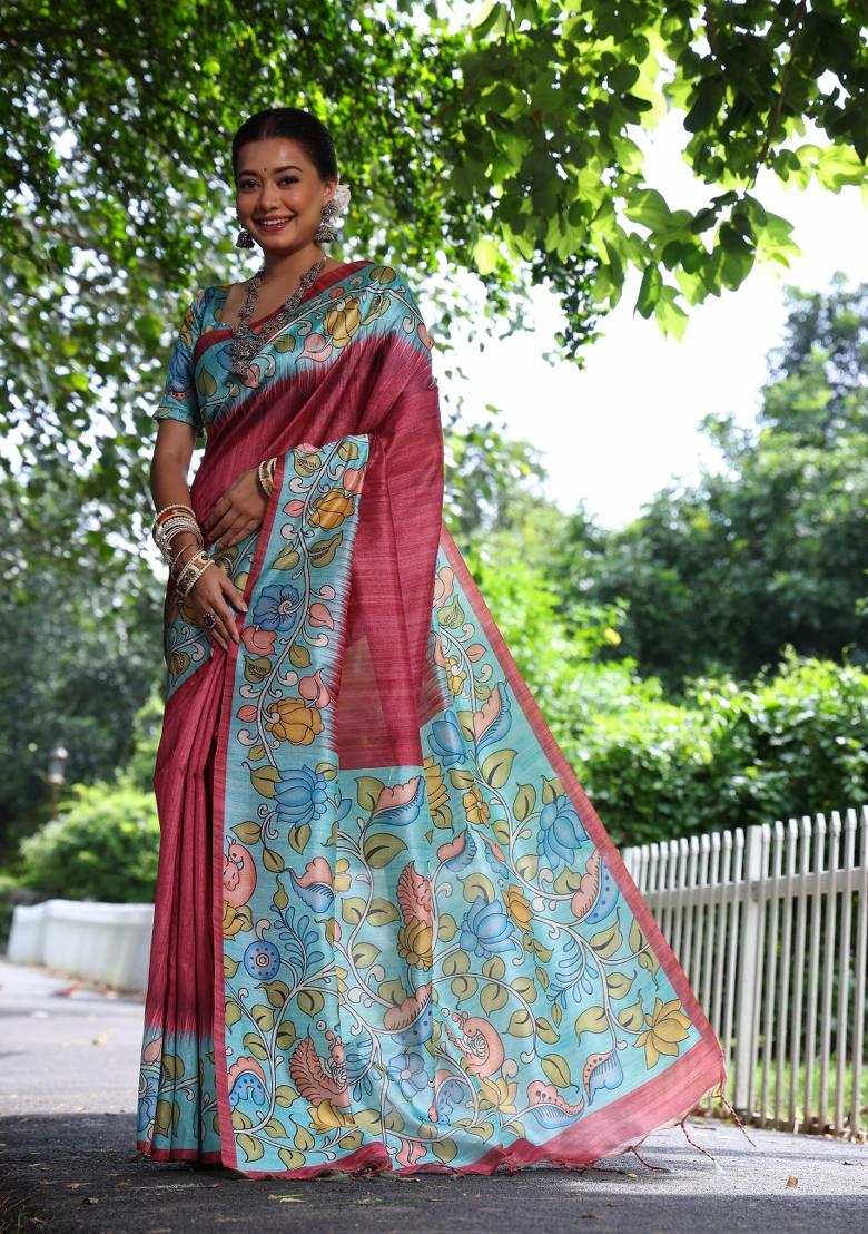 Pink Blue Printed Silk Saree Set - Indya