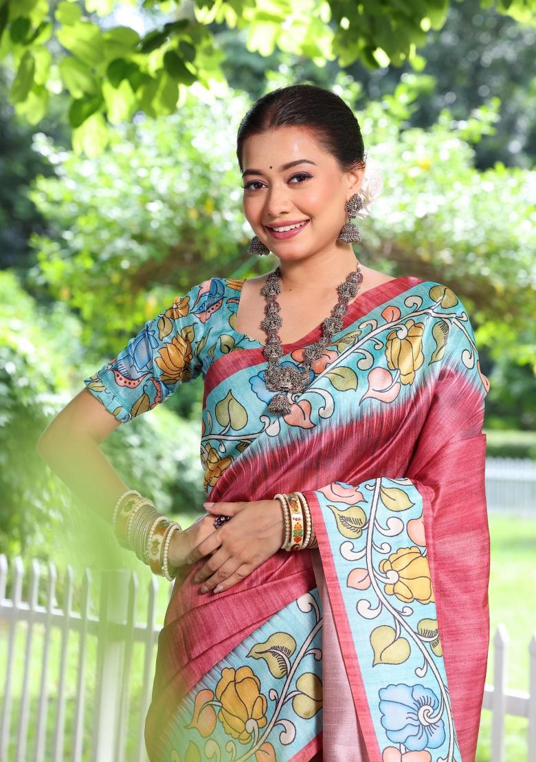 Pink Blue Printed Silk Saree Set - Indya