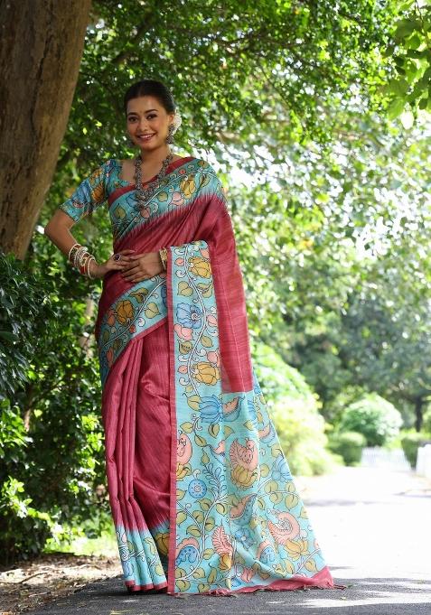 Pink Blue Printed Silk Saree Set