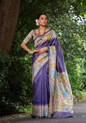 Purple And Lavender Printed Silk Saree Set