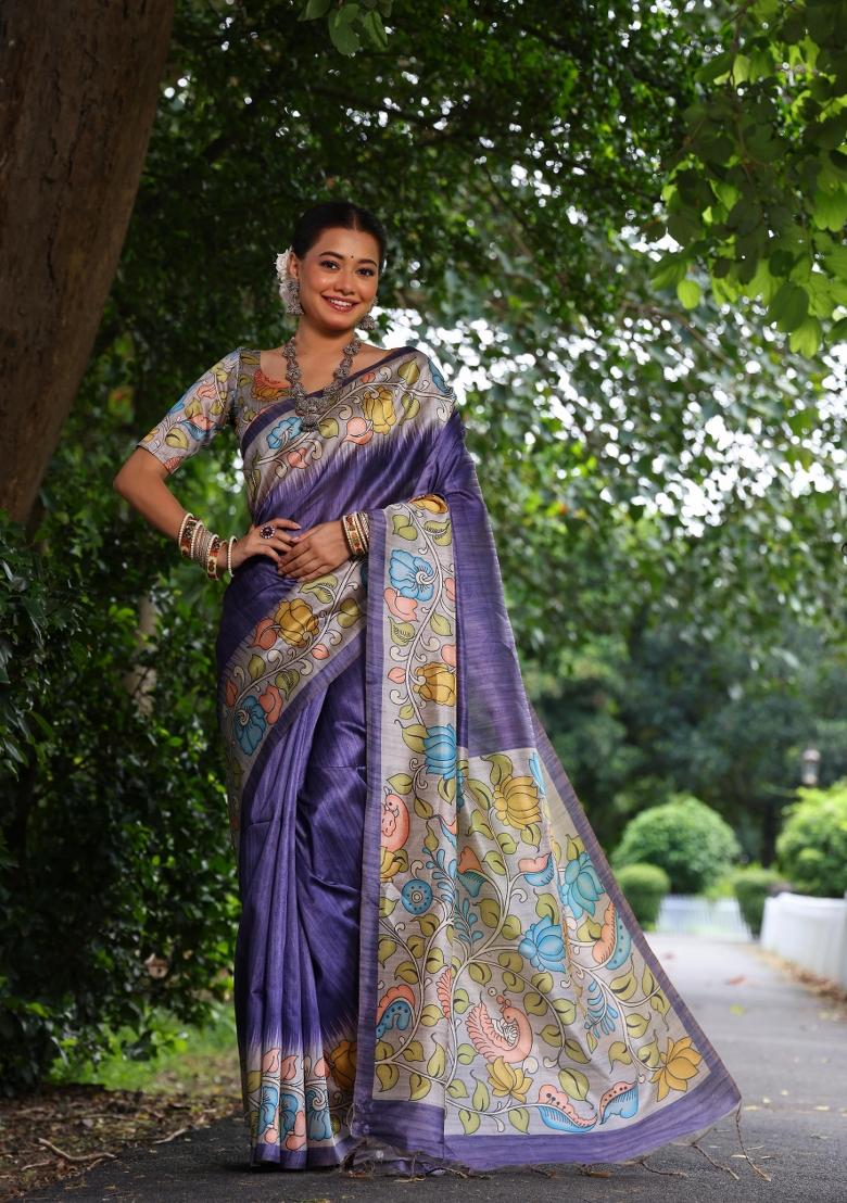 Purple And Lavender Printed Silk Saree Set - Indya