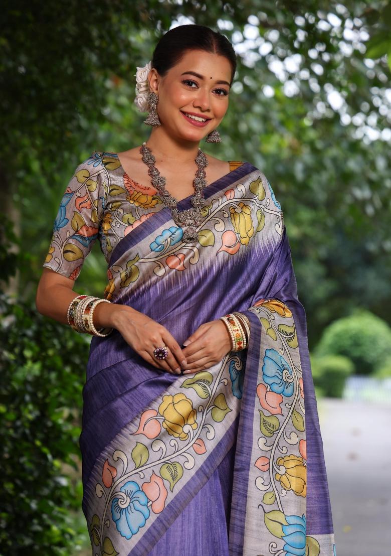 Purple And Lavender Printed Silk Saree Set - Indya