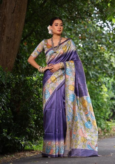 Purple And Lavender Printed Silk Saree Set