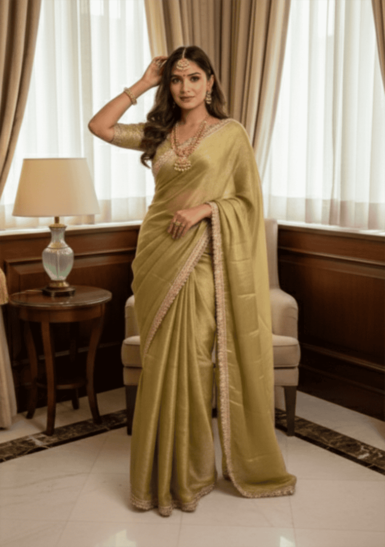 Golden Jacquard Work Chiffon Saree Set - Indya