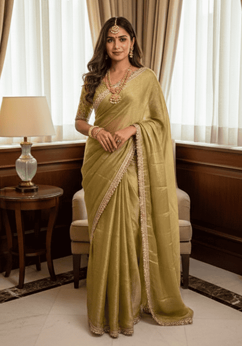Golden Jacquard Work Chiffon Saree Set