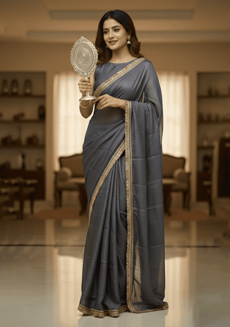 Grey Jacquard Work Chiffon Saree Set - Indya