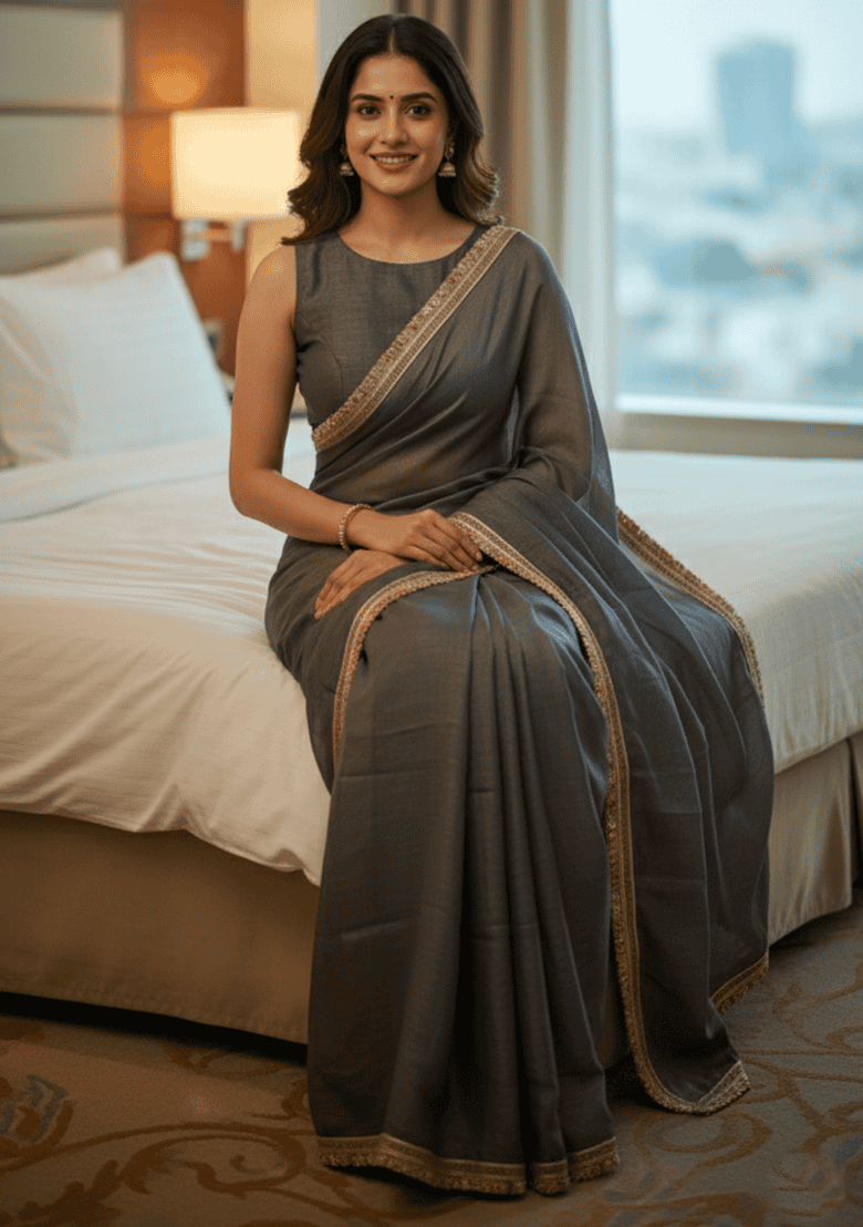 Grey Jacquard Work Chiffon Saree Set - Indya