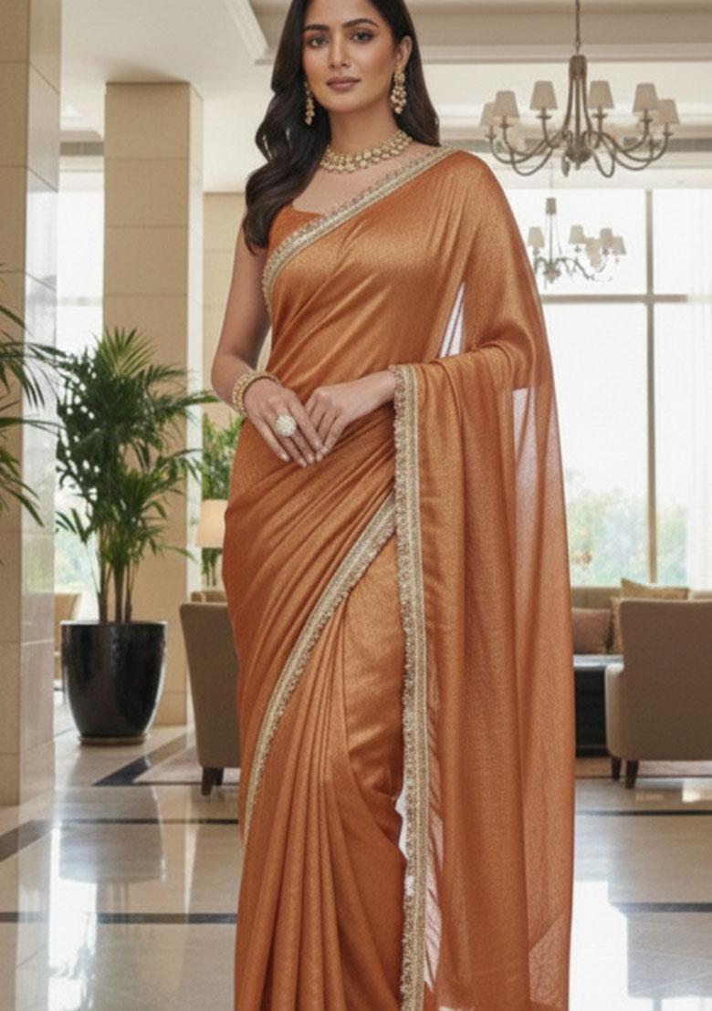 Orange Jacquard Work Chiffon Saree Set - Indya