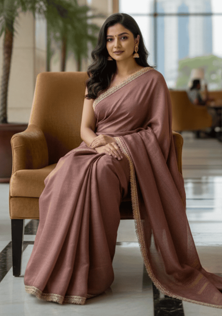 Pink Jacquard Work Chiffon Saree Set - Indya