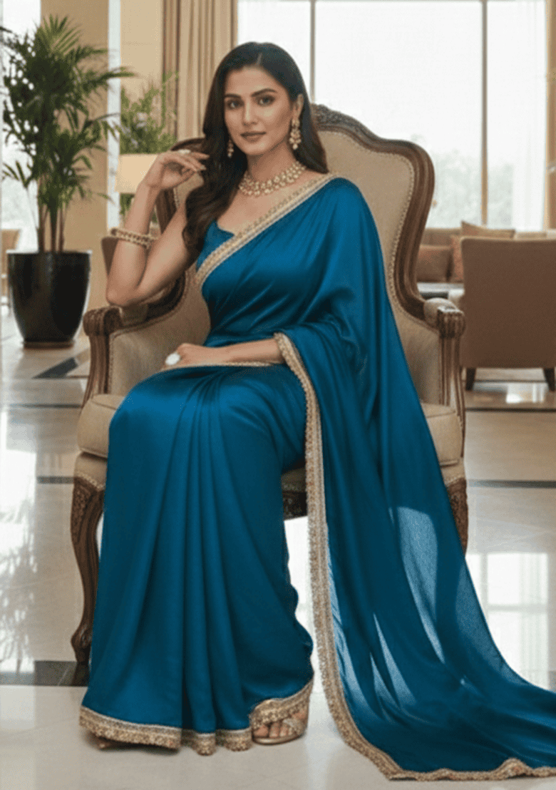 Teal Jacquard Work Chiffon Saree Set - Indya